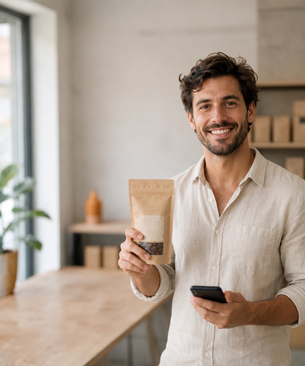 A brand owner holding a pouch of their own coffee in one hand and a phone in the other, in a bright workspace.